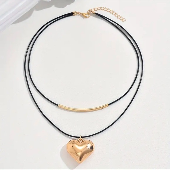 Gold Heart Black Layered Cord Necklace New - Picture 5 of 6